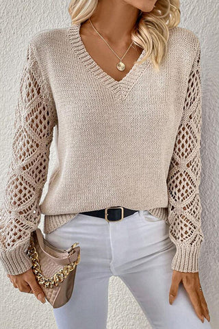 Ultimate Soft Mesh Sleeve V-Neck Knit Pullover Sweater