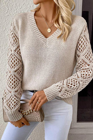 Ultimate Soft Mesh Sleeve V-Neck Knit Pullover Sweater