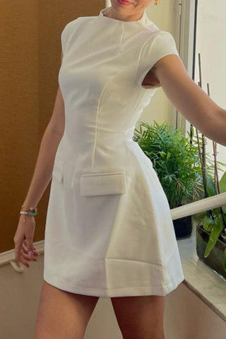 Solid Color Round Neck Slim Splicing Short Sleeve Sexy High Waist Short Dresses