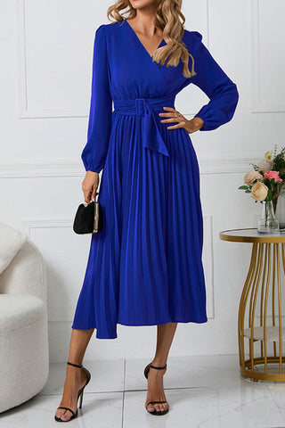 Effortless Elegance V-neck Puff Sleeve Pleated Dress