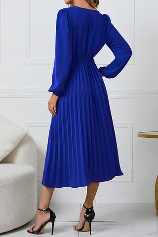 Effortless Elegance V-neck Puff Sleeve Pleated Dress