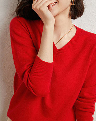 100% Cashmere V-Neck Knit Sweater