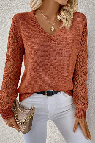 Ultimate Soft Mesh Sleeve V-Neck Knit Pullover Sweater