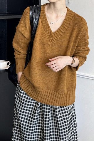 Lazy wind V-neck loose pullover thin and versatile knit sweater