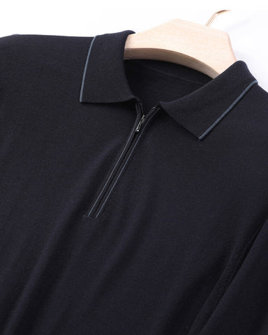 Men's 100% Merino Wool Stripe Zip Trim Polo Shirt