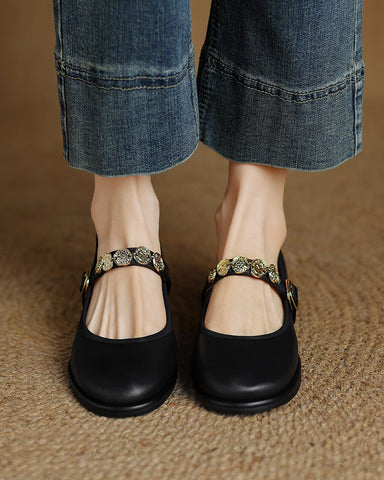 Exquisite Gold Coin Decorated Mary Jane Loafers