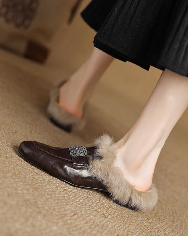 Sheepskin and Velvet Printed Mule Slippers