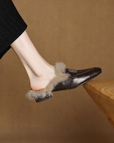 Sheepskin and Velvet Printed Mule Slippers