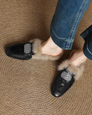 Sheepskin and Velvet Printed Mule Slippers