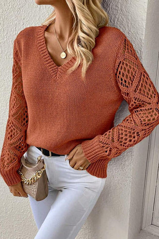 Ultimate Soft Mesh Sleeve V-Neck Knit Pullover Sweater