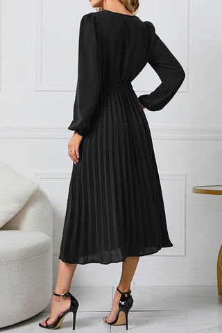 Effortless Elegance V-neck Puff Sleeve Pleated Dress