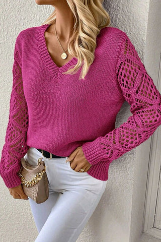 Ultimate Soft Mesh Sleeve V-Neck Knit Pullover Sweater