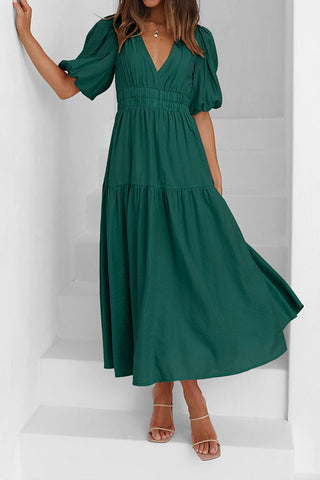 Deep V Puff Sleeve Resort Dress