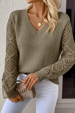 Ultimate Soft Mesh Sleeve V-Neck Knit Pullover Sweater