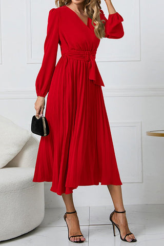 Effortless Elegance V-neck Puff Sleeve Pleated Dress