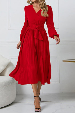 Effortless Elegance V-neck Puff Sleeve Pleated Dress