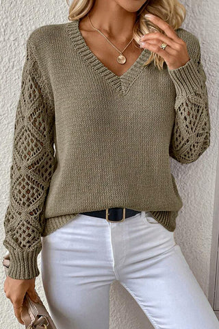 Ultimate Soft Mesh Sleeve V-Neck Knit Pullover Sweater