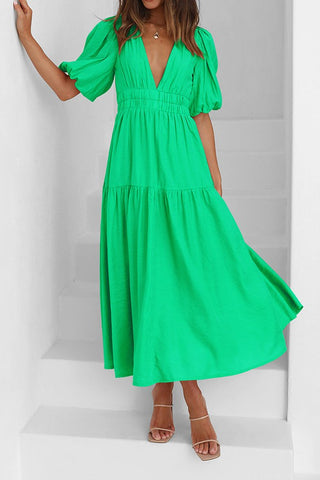 Deep V Puff Sleeve Resort Dress