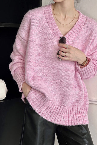 Lazy wind V-neck loose pullover thin and versatile knit sweater