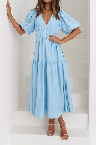 Deep V Puff Sleeve Resort Dress