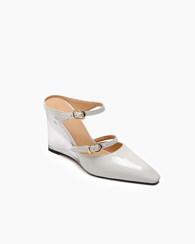 Pointed Closed Toe Slip On Two Strap Wedge Mules