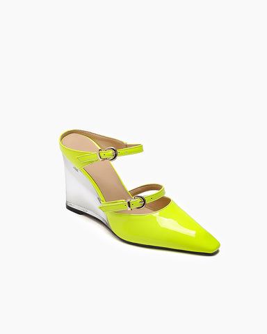 Pointed Closed Toe Slip On Two Strap Wedge Mules