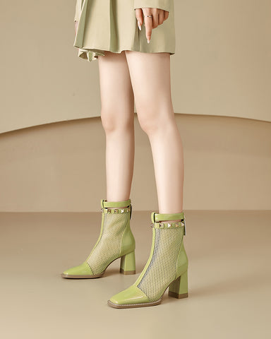 Solid Color Hollow Mesh Thick Heel Short Boots