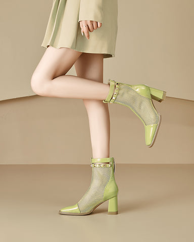 Solid Color Hollow Mesh Thick Heel Short Boots