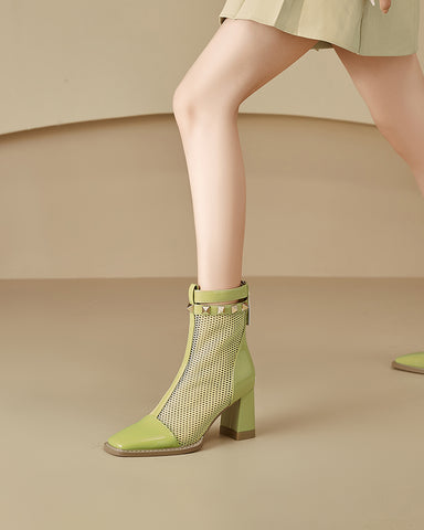 Solid Color Hollow Mesh Thick Heel Short Boots