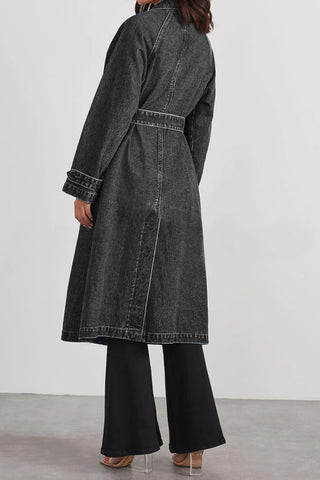 Denim Cotton Solid Color Double Pocket Long Coat