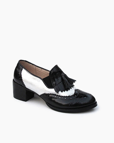 Black and White Classic Fringed Chunky Heel Oxford Shoes