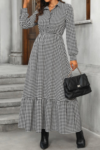 Shirt Collar Black White Plaid High Waist Dress