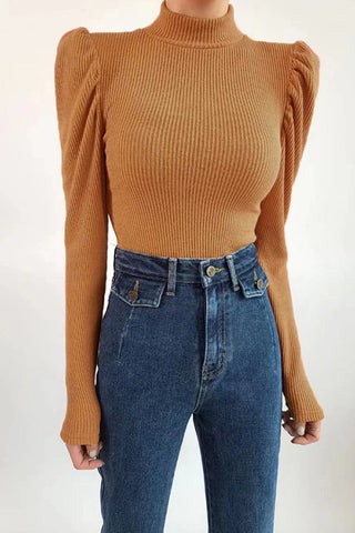 Classic Mock Neck Puff Sleeve Knitted Top