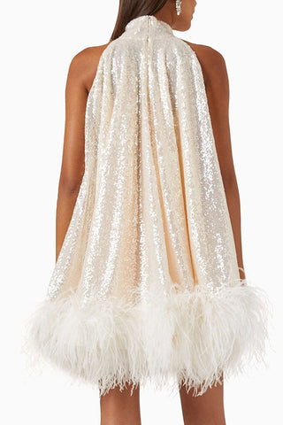 Luxe Stand Collar Feather Hem Sequin Mini Dress