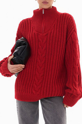 Zippered Turtleneck Cable Stripe Knit Sweater