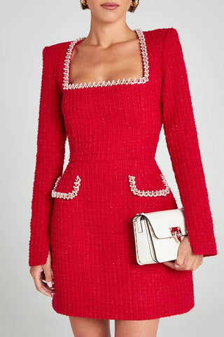 Charm Pearl Trim Slit Sleeves Tweed Dress