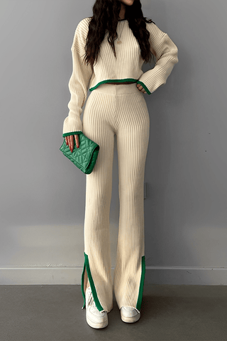 Lazy Style Knit Sweater and Elastic Waist Wide-leg Pants Two-piece Set