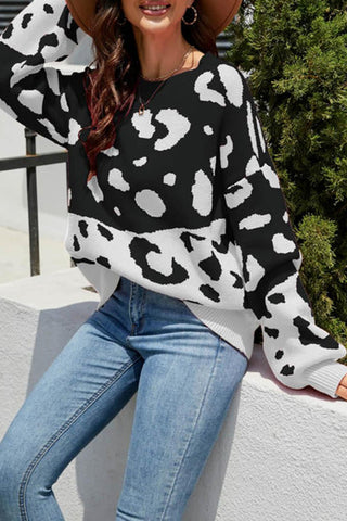 Stylish Leopard Print Drop Shoulder Sleeve Sweater