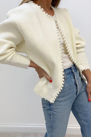 Effortless Chic Pearl Trim Ripped Hem Cardigan