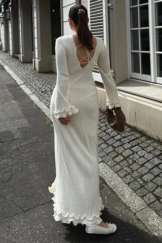 Sophistication Curling Horn Sleeve Knitted Maxi Dress