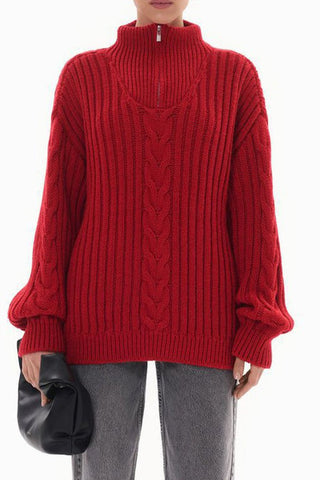 Zippered Turtleneck Cable Stripe Knit Sweater