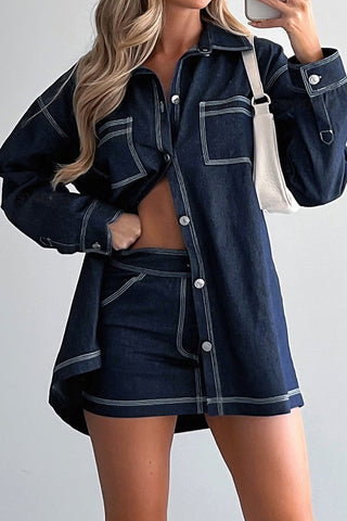 Retro Shirt Collar Denim Top & Skirt Set