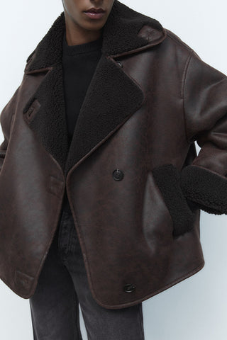 Warmth Lapel Collar PU Contrast Sherpa Jacket