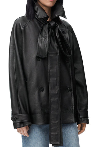 Pre Order Tie Bow Double-breasted Leather Jacket