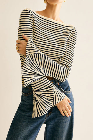 Off Shoulder Striped Ruffle-Sleeve Top