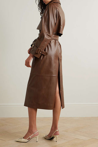 Pre Order Lapel Collar Belted Leather Trench Coat