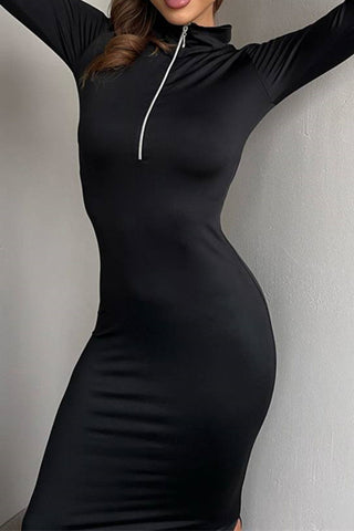 Glamour Stand collar Half-Zip Split Hem Bodycon Dress