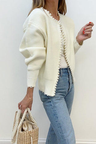 Effortless Chic Pearl Trim Ripped Hem Cardigan