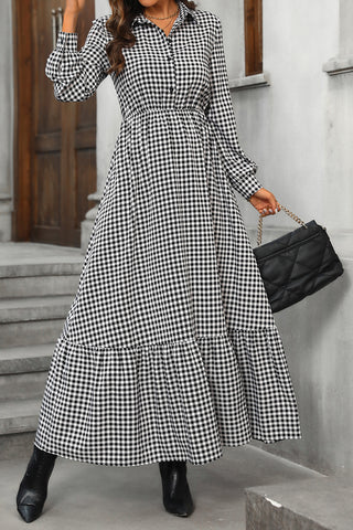 Shirt Collar Black White Plaid High Waist Dress