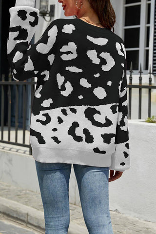 Stylish Leopard Print Drop Shoulder Sleeve Sweater